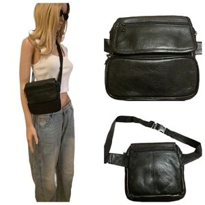 Vtg Wilsons Leather Maxima Black Crossbody Bag - Multi-Pocket Y2K/90's Minimalis